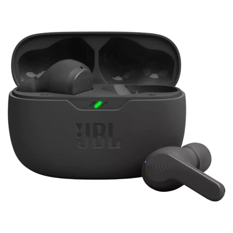 ایرپاد JBL Wave Beam با طراحی جمع‌وجور و گوش‌گیرهای نرم، همراه با کیس شارژ جمع‌وجور، مناسب ورزش و استفاده روزمره.