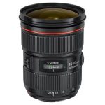 تصویر لنز Canon EF 24-70mm f/2.8L II USM طراحی مقاوم سری L، حلقه زوم و فوکوس دقیق، و کیفیت ساخت حرفه‌ای لنز را نشان می‌دهد