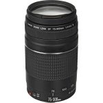 لنز Canon EF 75-300mm III با بدنه‌ای مشکی و طراحی جمع‌وجور که برای عکاسی تله‌فوتو گزینه‌ای ایده‌آل است. روی بدنه، حلقه‌ی زوم برجسته و روان دیده می‌شود