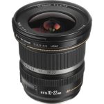 در تصویر، لنز Canon EF 10-22mm f/3.5-4.5 USM با بدنه مشکی حرفه‌ای و طراحی جمع‌وجور دیده می‌شود.