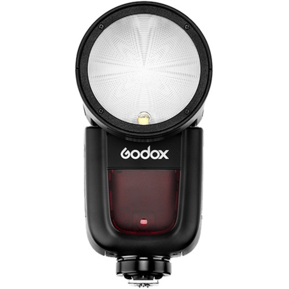 فلاش اسپیدلایت Godox V1 Flash for Canon با طراحی سر گرد، چراغ مدل‌سازی LED و ساختار جمع‌وجور، مناسب نورپردازی پرتره‌ای نرم و حرفه‌ای است