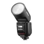 فلاش اسپیدلایت گودکس Godox V1-S Flash for Sony با سر دایره‌ای، نمایشگر LCD و قابلیت چرخش 360 درجه، مناسب عکاسی پرتره و استودیو حرفه‌ای.