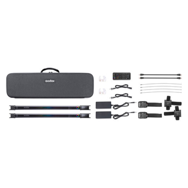 کیت نور باتومی گودکس Godox TL60 RGB Tube Light Two-Light Kit شامل دو باتوم RGB، لوازم جانبی و کیف حمل برای نورپردازی حرفه‌ای.